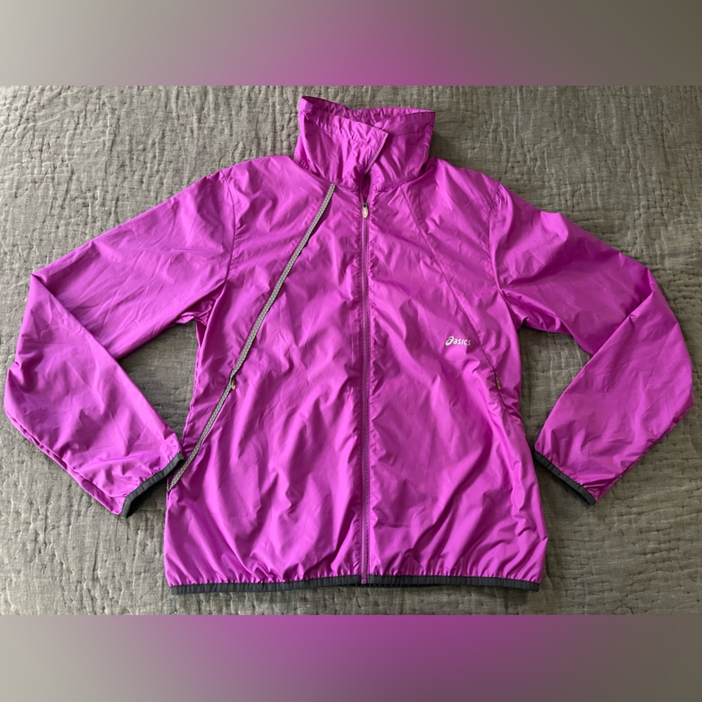 Asics Running Jacket Light Fuchsia Sz Large Pockets Reflective Strip Windbreaker